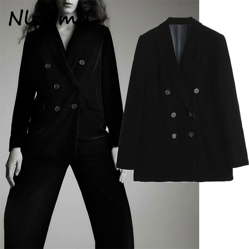 

Blazer Women Fashion Black Velvet Coat Vintage Double Breasted Long Sleeve Female Outerwear Chic Tops 210628, As picture