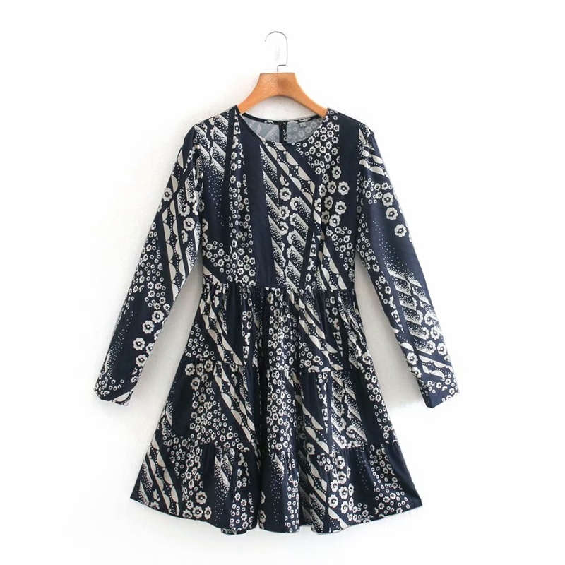 

Women Vintage Floral Above Knee Mini Dress Long Sleeve Spring O neck A-line Patchwork Office Lady NX9887 210525, Navy blue