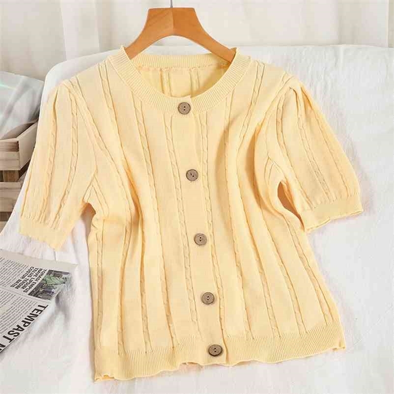 

Women Knitted Short Sleeve Sweater Cardigan Solid Color Round Collar Loose Fit Fashion Spring Summer 11B609 210525, Yellow