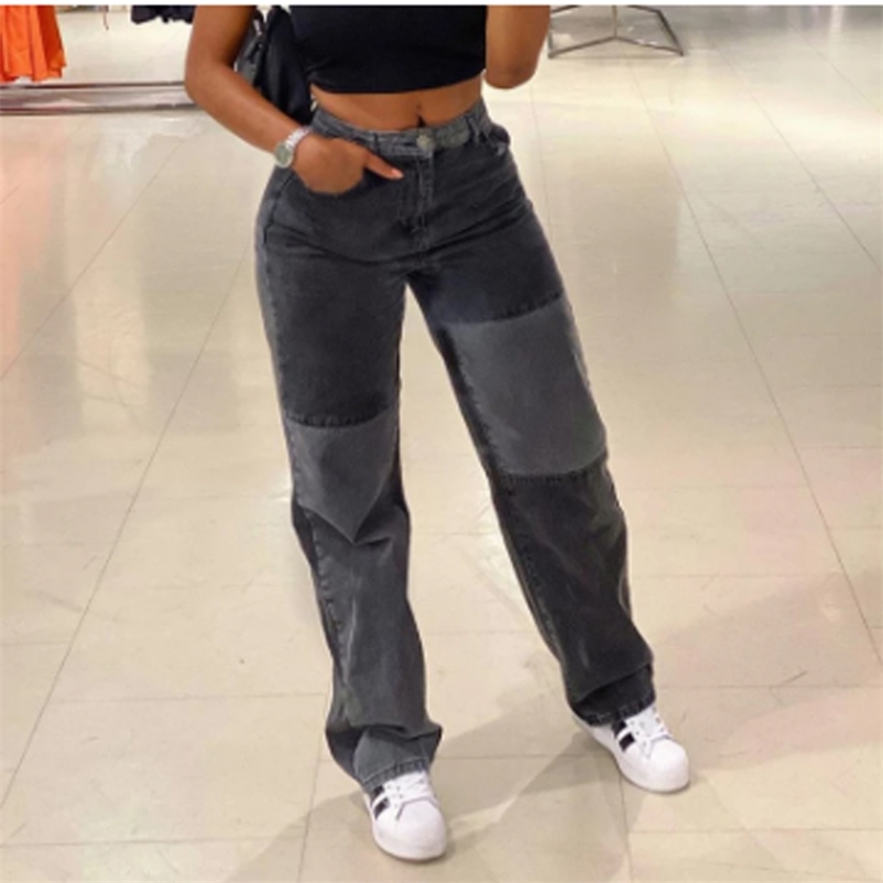

Women Jeans Fashion Loose Patchwork Straight High Waist Pocket Buttton Sexy Color Block Street Long Grey Denim Trouser 210629