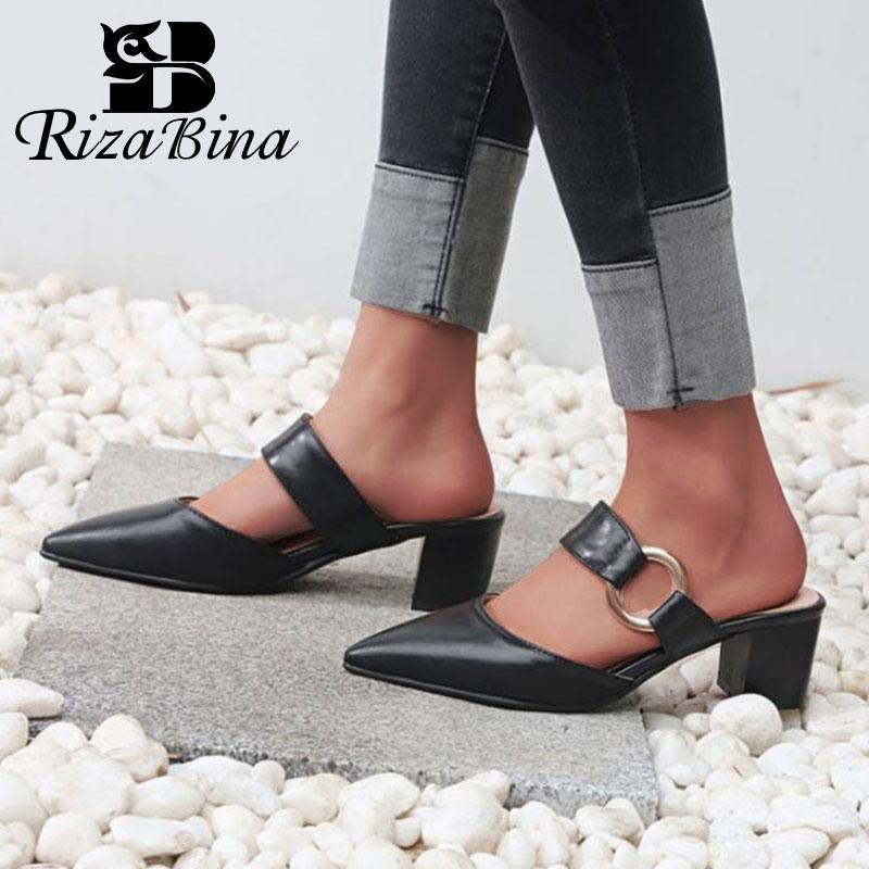 

Sandals RIZABINA Women Shoes Pointed Toe Mules Squale Heels Metal Decoration Slip On Slippers White Ladies Street Footwear Size 32-43, Black