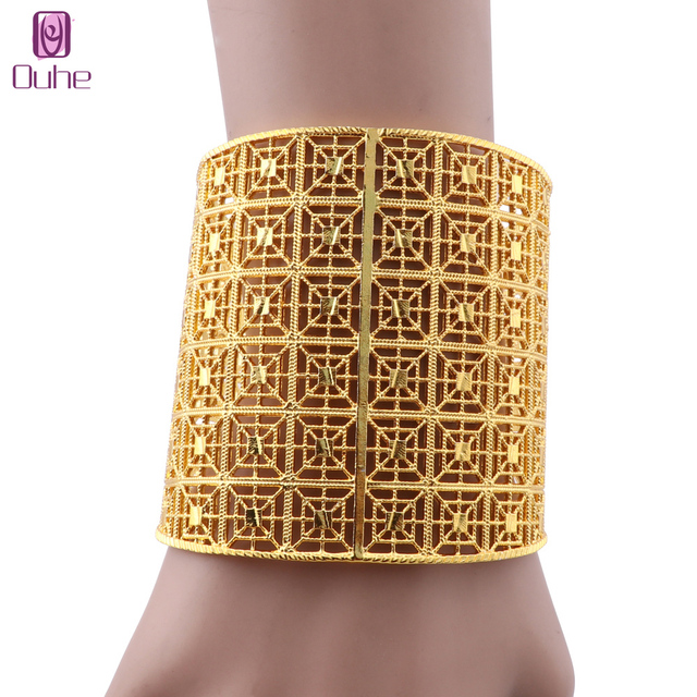 

Luxury Dubai Wide Bracelet Bangle For Women Gold Color African India Jewelry Bridal Wedding Banquet Gifts, Black