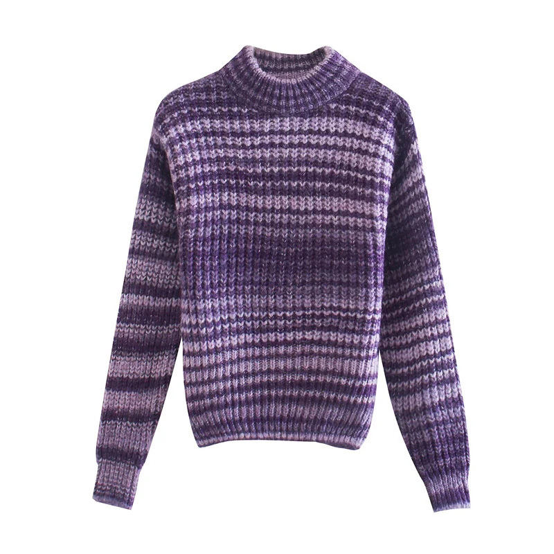 

Women Retro Simplicity Gradient Stripe Sweater Female Loose Round Neck Long Sleeve Pullover Chic Top 210520, Multi