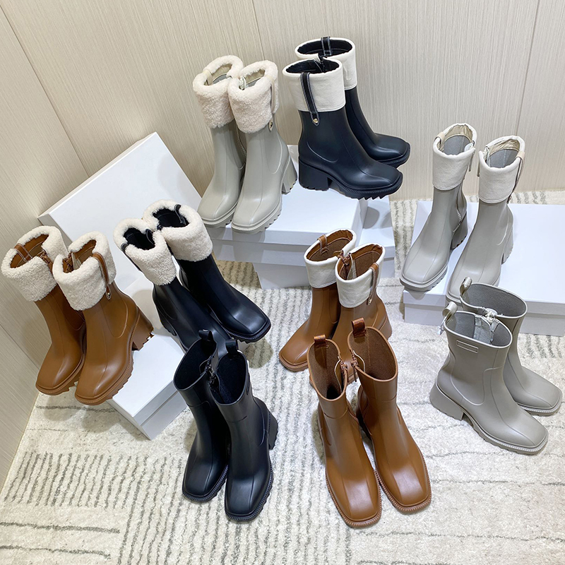 

newest women designer betty rubber rain boots block heel sleek square toe pvc leather boot style woman shoes size 35-40, Box
