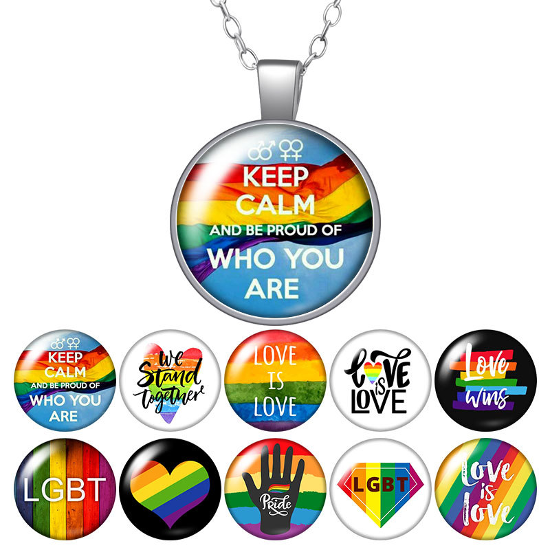 

Love Is Love Lgbt Rainbow Flag Round Pendant Necklace 25mm Glass Cabochon Silver Color Jewelry Women Party Birthday Gift 50cm
