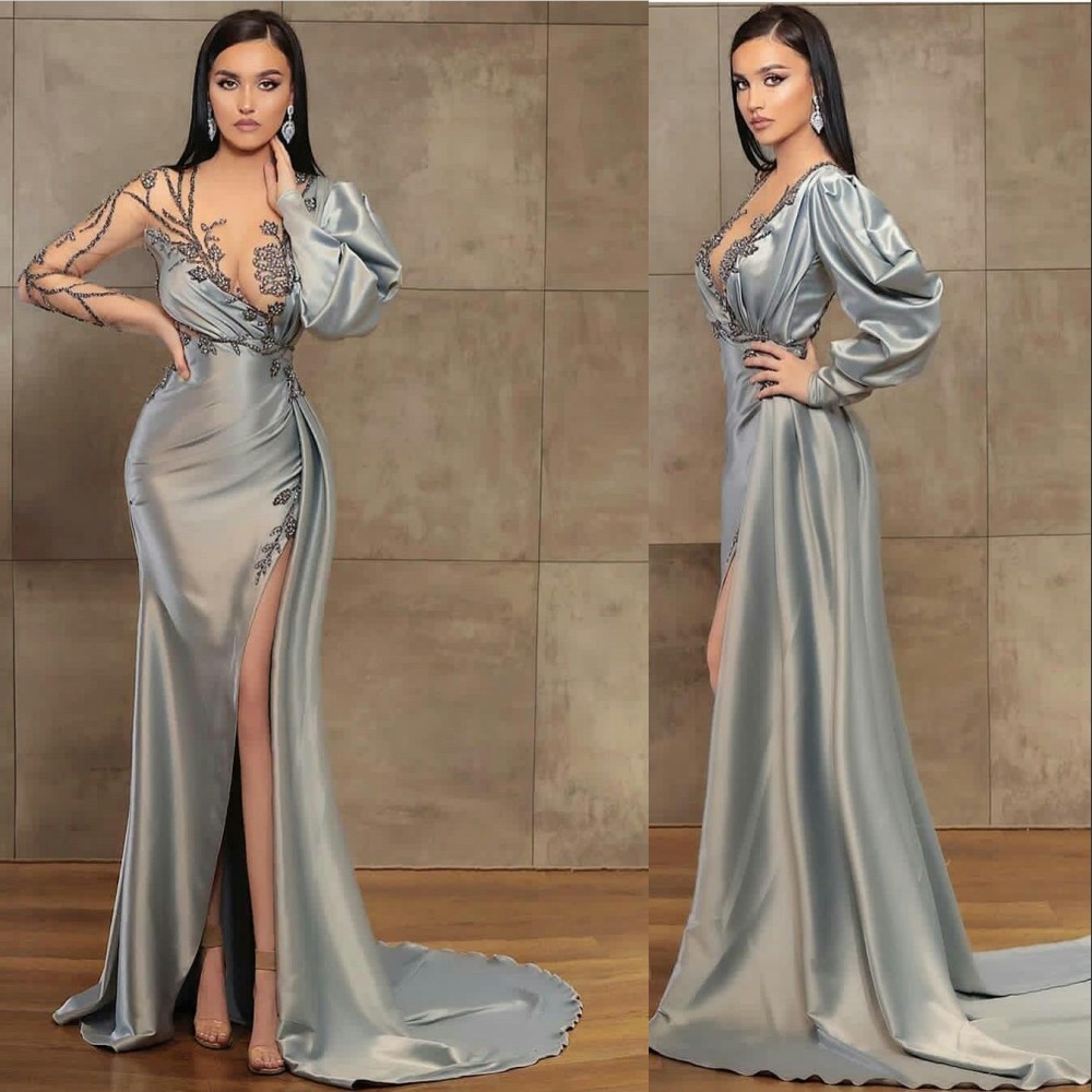 

2021 Sexy Silver High Side Split Prom Dresses Long Sleeves Illusion Crystal Beading Mermaid Floor Length Party Dress Evening Gowns Open Back Robes De Soirée, Hunter green