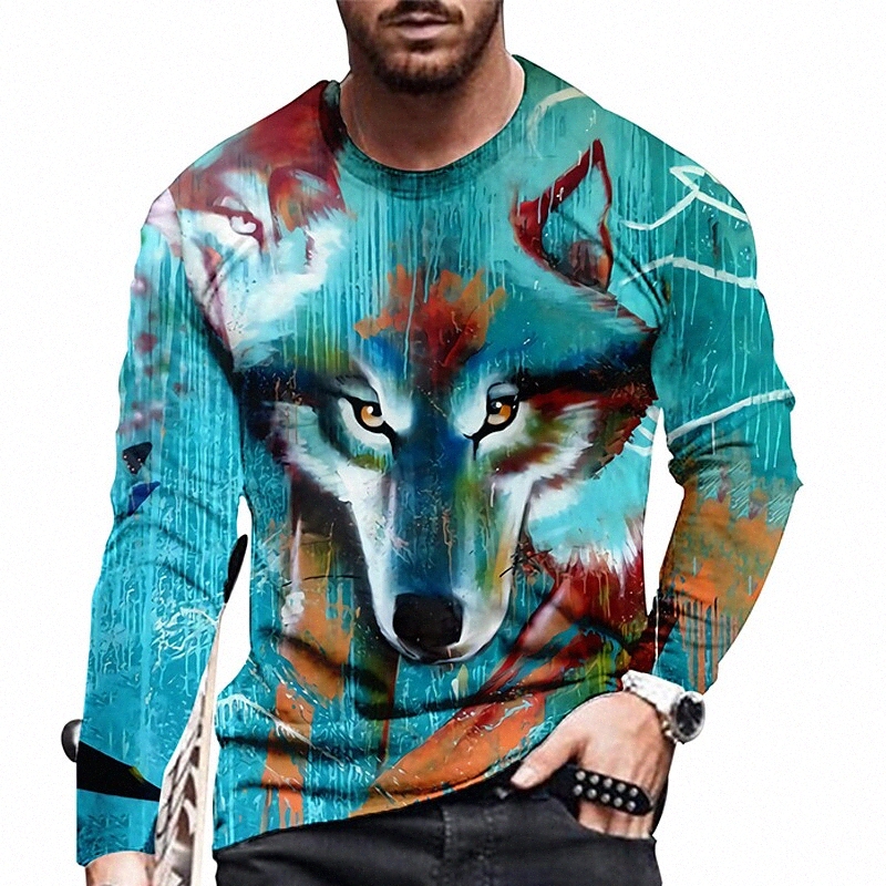 Men's Unisex T shirt 3D Print Graphic Prints Wolf Crew Neck Daily Holiday Print Long Sleeve Tops Casual Designer Big and Tall Light Blue s7Z