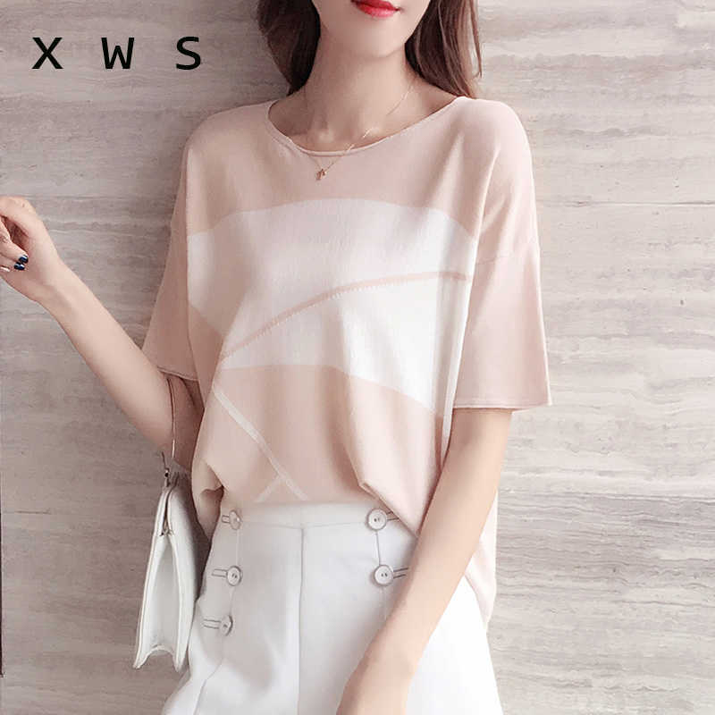 

Spring Summer Korean Knitted Sweaters Tops Short Sleeve O-neck patchwork Vintage Fashion Office Pullover Sweaters Femme 210604, Black