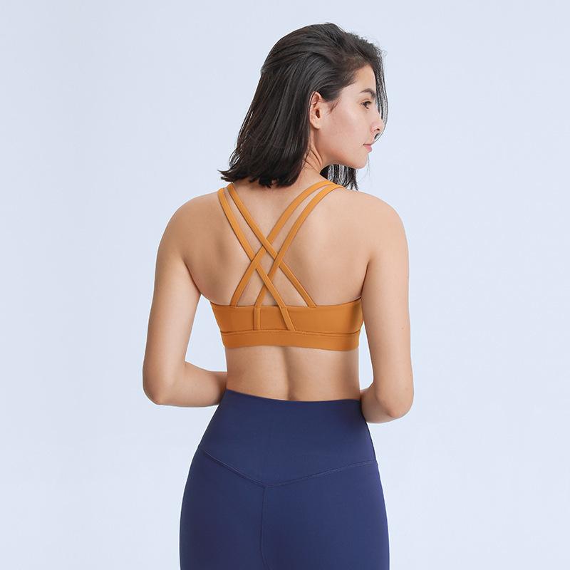 

Yoga Outfit Double Cross Straps Gather Up The Sports Bra Solid Color Sanding Training Fitness Underwear
