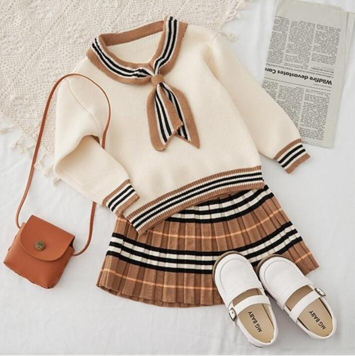 

Kids Christmas stripe knit wool blends 2pcs Clothing Sets tracksuits Pullover+skirt outfits children designer sweaters girls -7Y boutique clothes, Pls pay the different