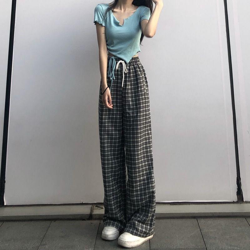 

Women' Pants & Capris Harajuku Check Pants, Oversized Wide-leg Pajamas, High Waist, Korean Style, Plaid, Spring/Summer 2021, Hei