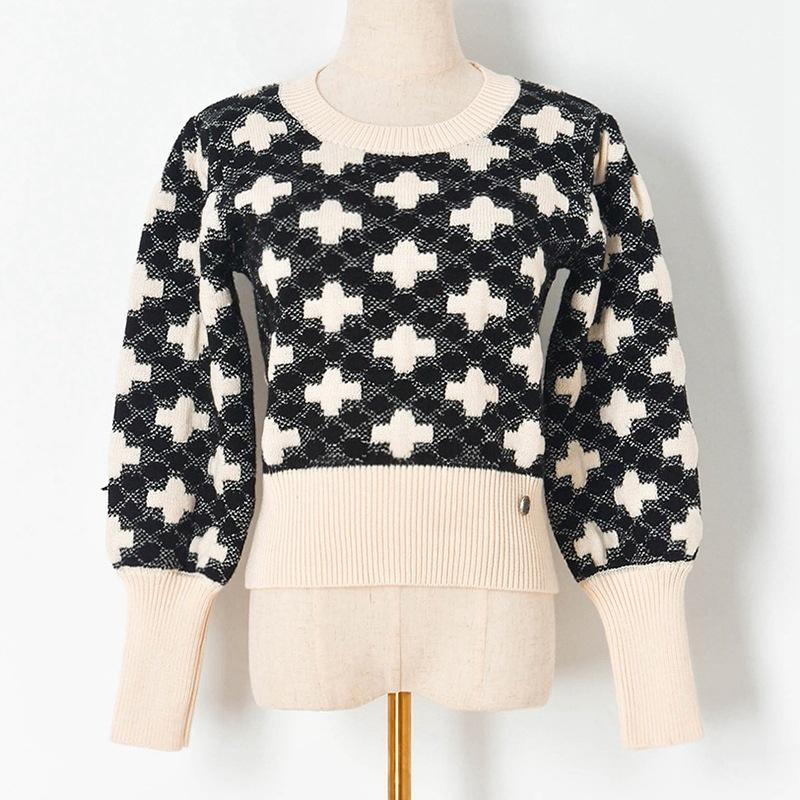 

Women's Sweaters Contrast Color Women Knitted Pullovers Puff Sleeves Loose Casual Plaid Retro Hip Hop Streetwear Sweater Clothes, White;black