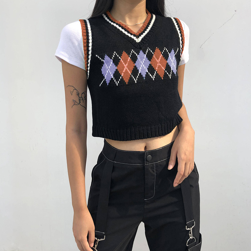 

Argyle Plaid Knitted Tank Top Female Streetwear Preppy Style Clothes Stripe VNeck Cropped Knitwear 90s Sweater Vest 210518, Brown