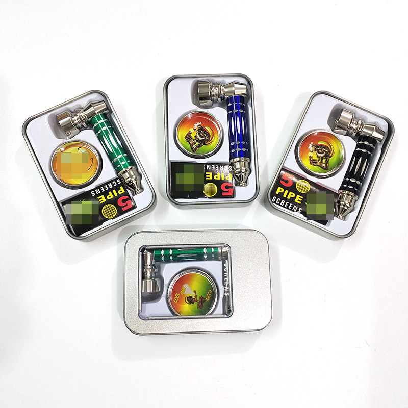 

Metal Pipe Set bag Metal Box kit Threaded Colored Smoking 70mm Pipes with screens Grinder Mesh