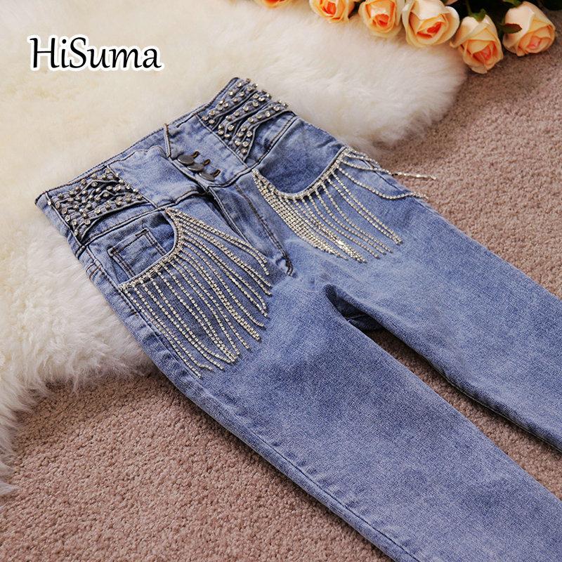 

Spring Women's High Waist Single Breasted Tassels Rhinstones Bling Denim Jeans Female Chic Pencil Pants Tight Trousers, Blue