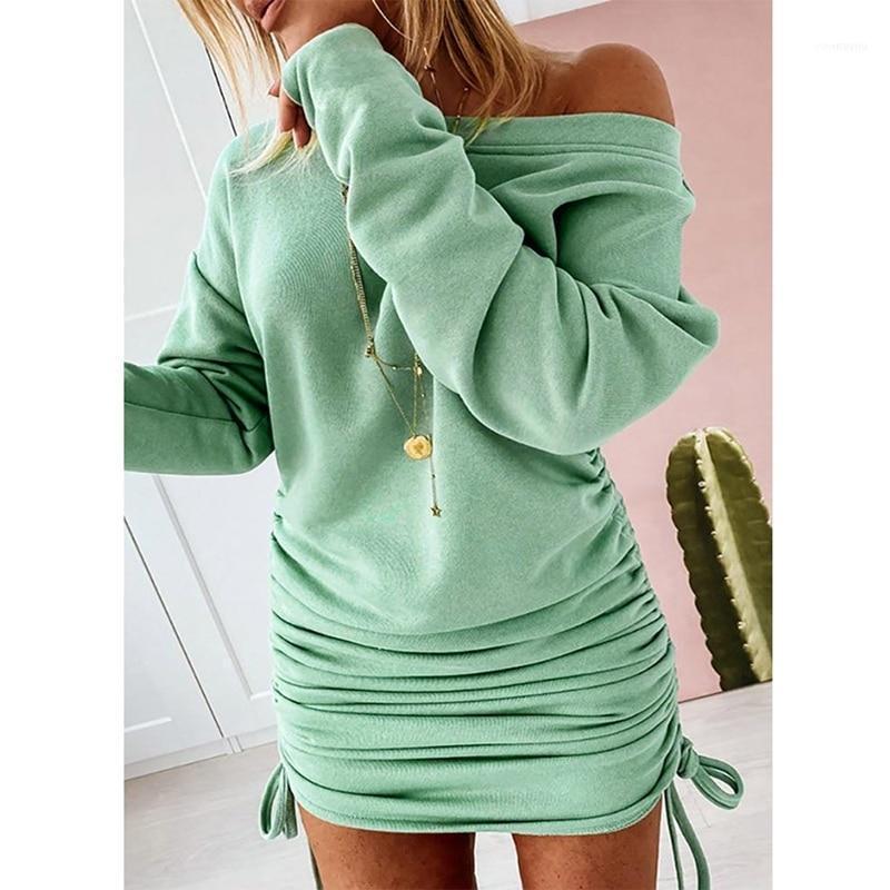 

Pleated Bodycon Dress Women Drawstring Long Sleeve Mini Party Solid Basic Skinny Girls Casual Short1, Black