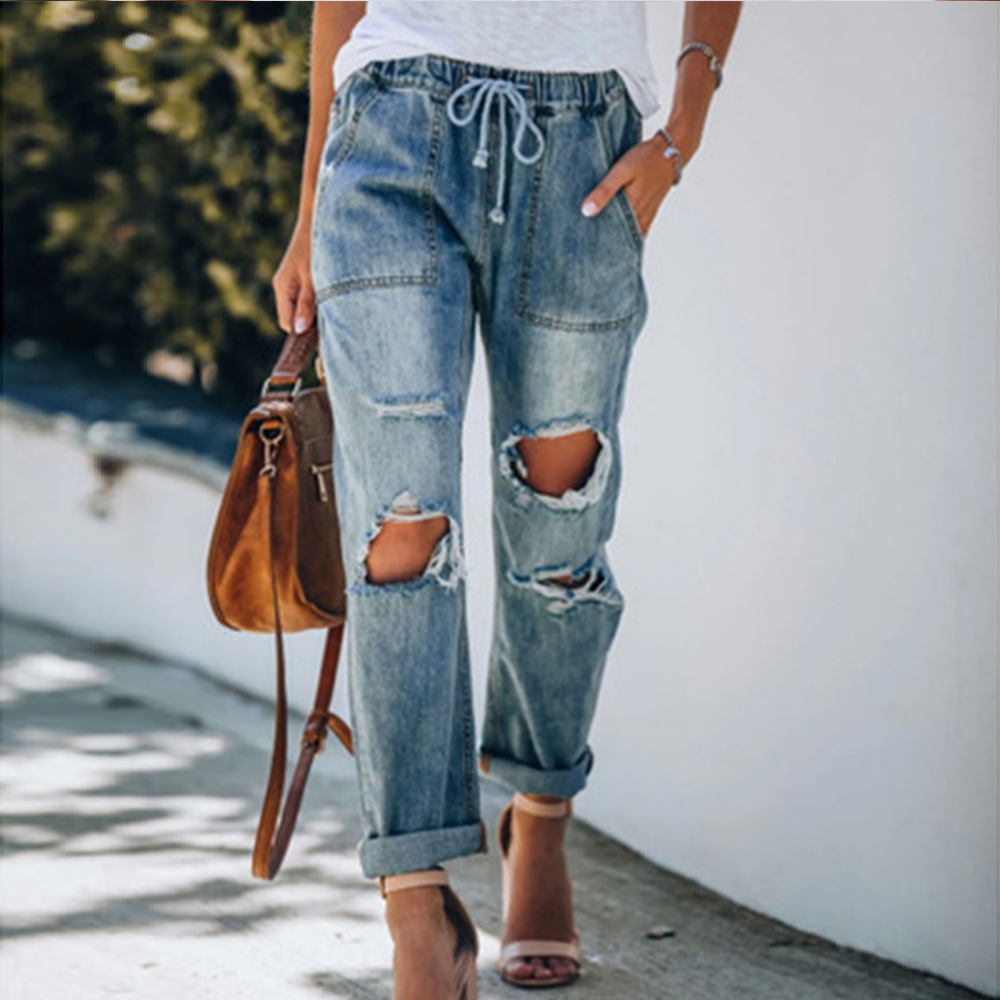 

women's jeans early autumn 2021 pierced lace up white pants straight women, Blue
