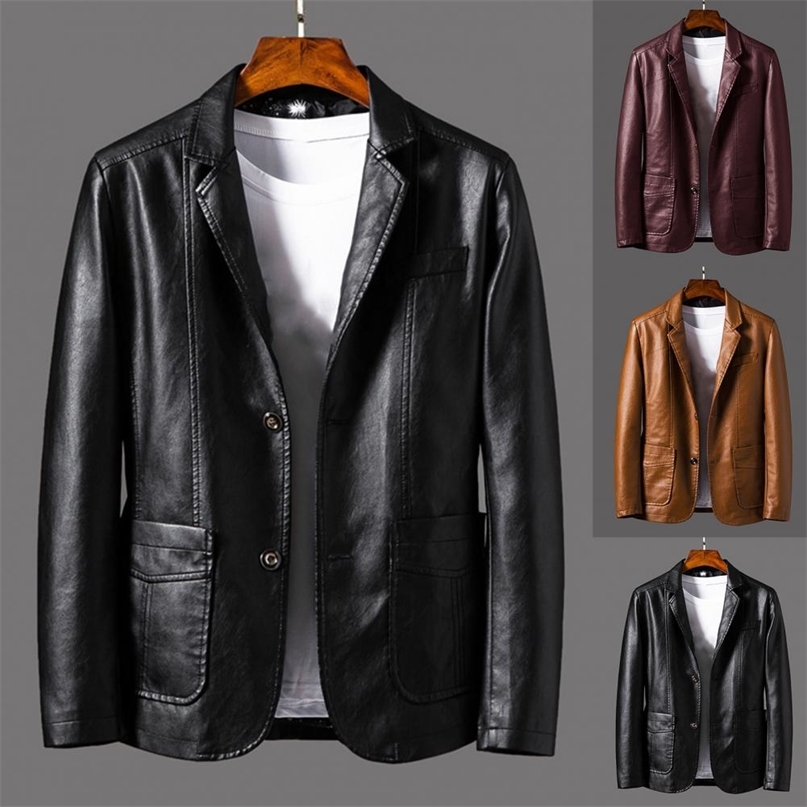 

Men's Leather Jackets Spring Autumn Arrival Mens PU Blazer Men Male Slim Casual Suit Jacket Plus Size Outerwear 211222, Brown