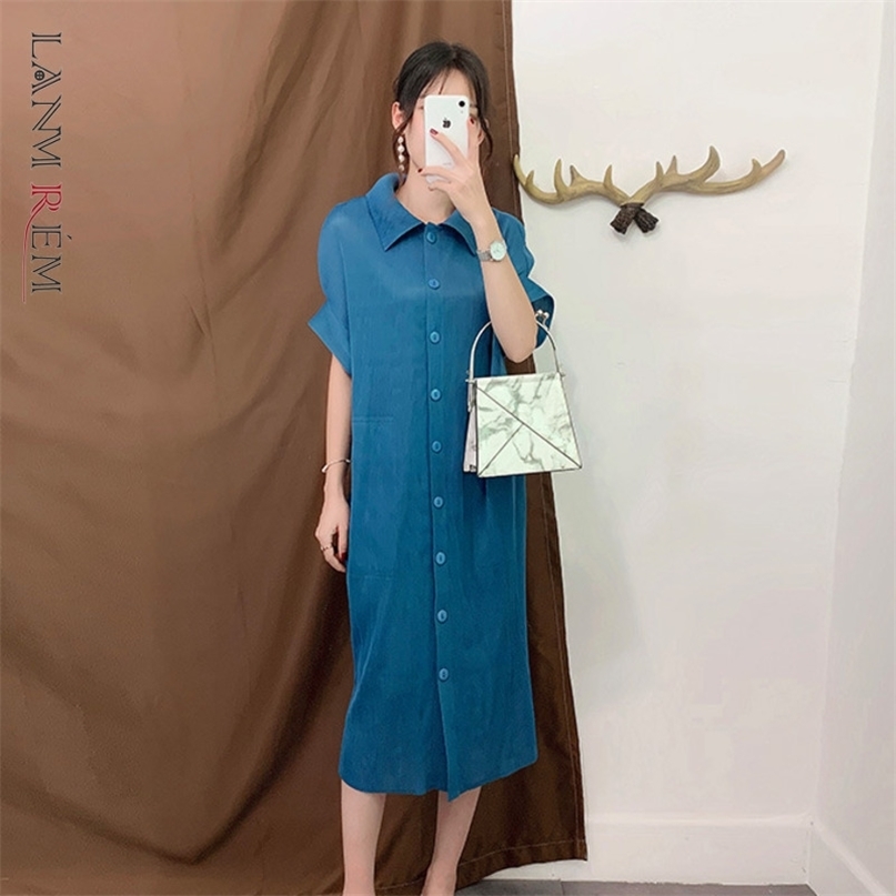 

Women Dress Lapel Short Batwing Sleeve Single Breasted Loose Large Size Dresses Pleated Summer 2H241 210526, Blue