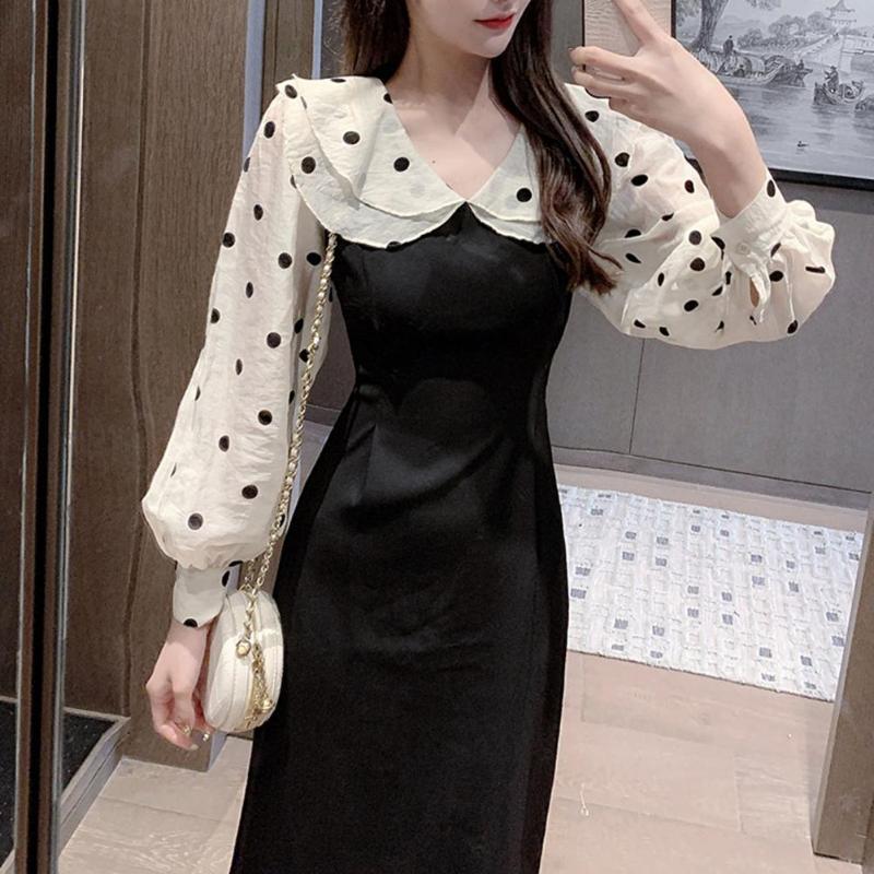 

Casual Dresses Women Autumn Dots Print Mesh Long Puff Sleeve Patchwork Waist Tight Midi Dress Party Vestidos, Black;gray