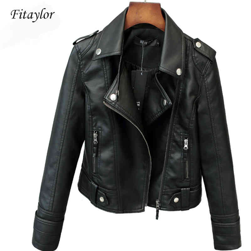 

Fitaylor Spring Autumn Women Short Faux PU Jacket Slim Fashion Punk Outwear Motorcycle Leather Casual Coat, Black