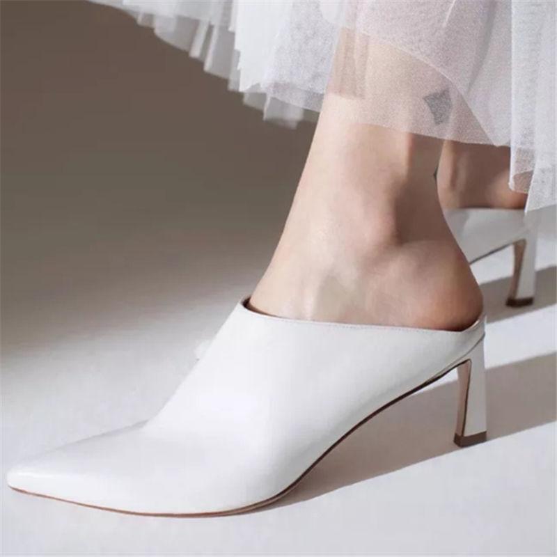 

Red White Mules Pumps Woman Loafers Spring Pointed Toe Slingbacks Slippers Slip On High-heeld Shoes Women High Heels Dress