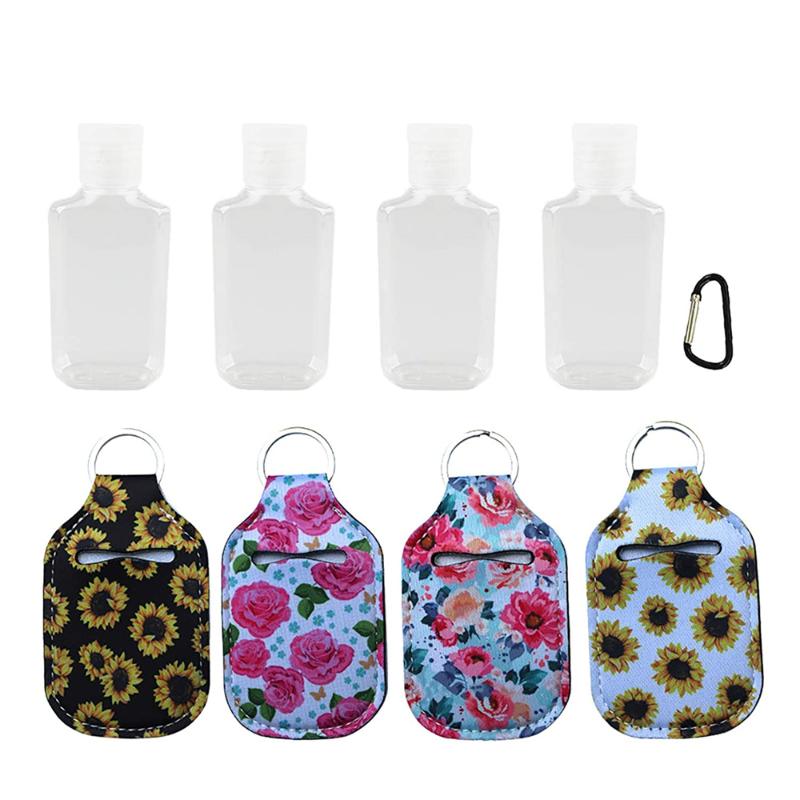 

Keychains 4 Pieces Hand Sanitizer Bottle Holder With 30ML Small Leak Proof Plastic Empty Flip Cap Refillable Travel Containers