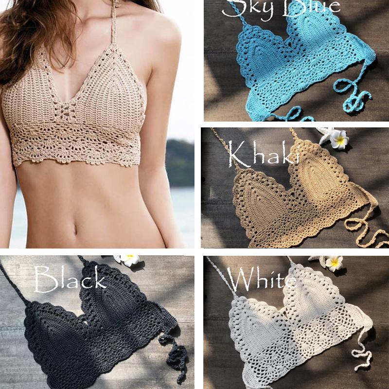 

Women's Summer Crochet Crop Bikini Top Boho Beach Bralette Halter Knitted Bra Swimsuit Cami Backless Beachwear Camisoles Sarongs
