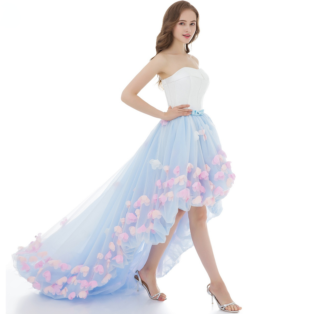 2021 vraies photos hors épaule robes de bal dame robe de soirée formelle haute basse longueur de plancher avec des fleurs faites à la main sur me