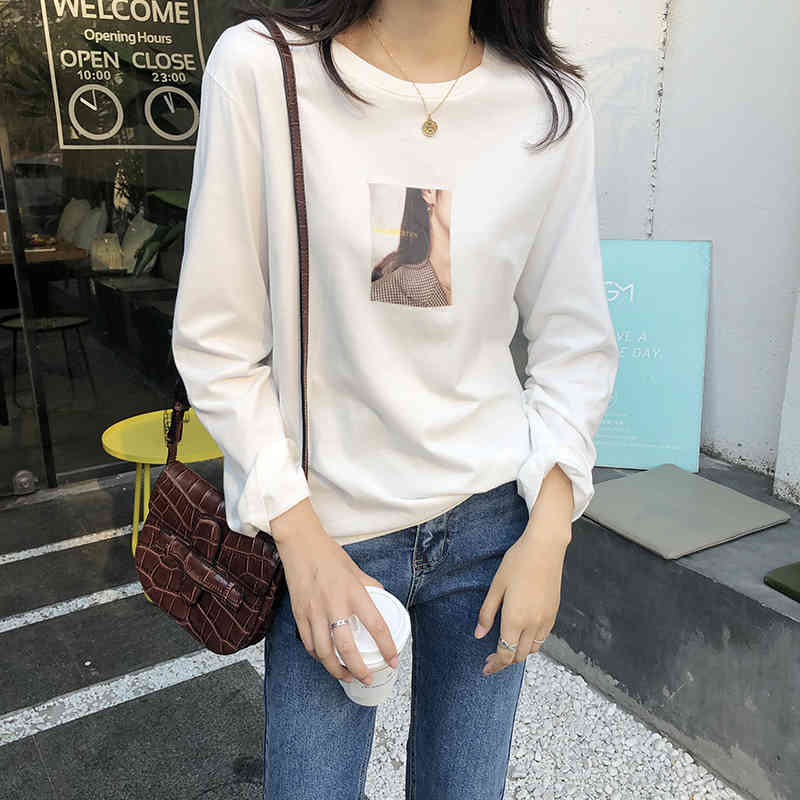 

Women's T-Shirt 2021 Spring Vintage Print Long Sleeve Woman Cotton T-shirts Fashion Loose Casual Autumn Winter Pullovers 100% P65R, Black