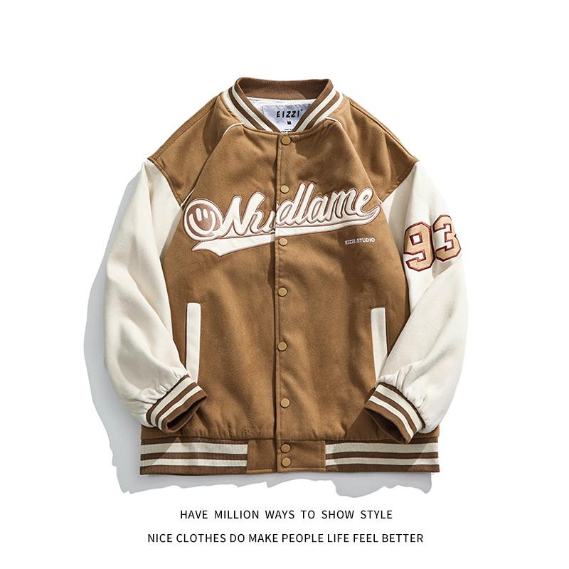 

Men's Jackets Autumn Original Letter Embroidery Men Varsity Jacket Unisex Women Baseball Bomber Coat Campus Street Casual Patchwork Chic, Khaki