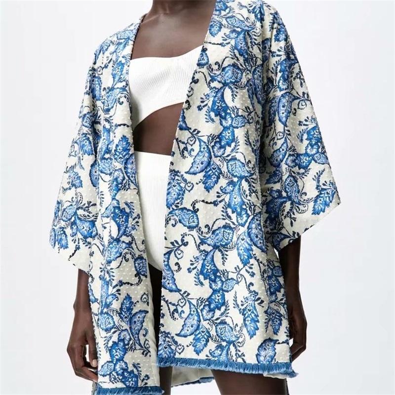 

Women's Blouses & Shirts ZXQJ Women 2021 Chic Fashion With Belt Floral Print Oversized Kimono Vintage Three Quarter Sleeve Female Tops, As pic