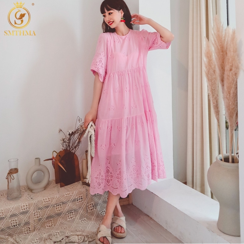 

Fashion Embroidery Lace Hollow Out Summer Dress Robe Women's Short Sleeve Loose Waist Casual Big Swing 210520, Photo color