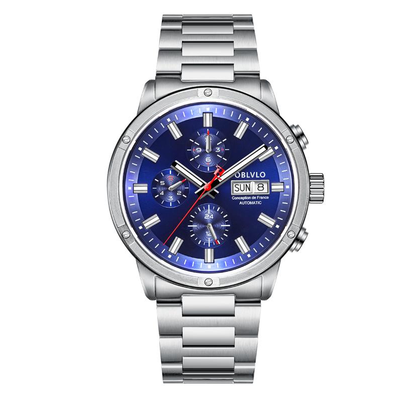 

Wristwatches OBLVLO Mens Automatic Watches Chronograph Men Mechanical Wristwatch Sport 100M Waterproof Luminous Steel Strap Week Date Relogi, Mens watches 3