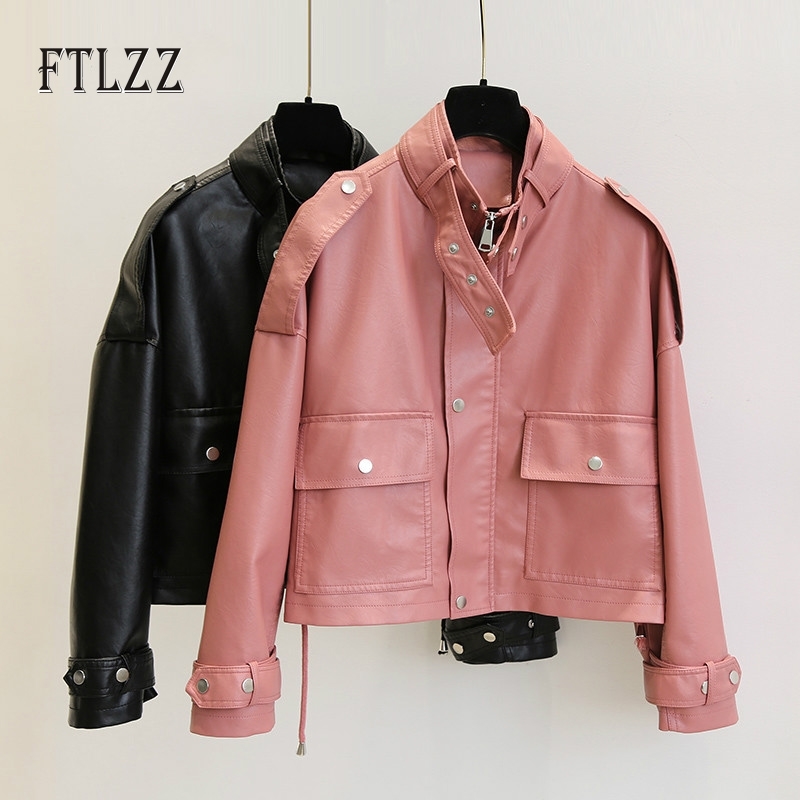 

Motorcycle Biker Jacket Women Korean Street Punk Leather Coat Ladies Big Pocket Zipper Pink Female Pvc Outwear 210602