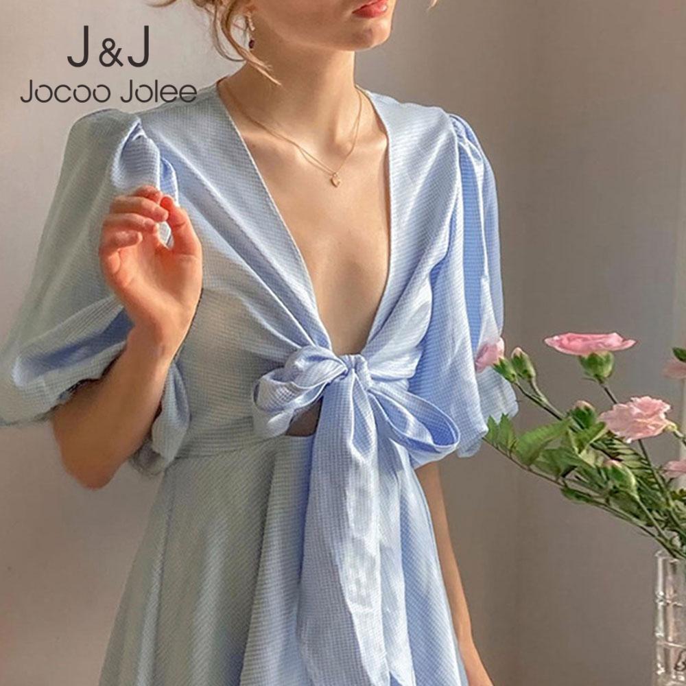 

Jocoo Jolee Women Summer Deep V-Neck Bow Sexy Puff Sleeve Pleated Elegant Low-Cut Dress Solid Sweet Casual Basic Party 210518, Blue