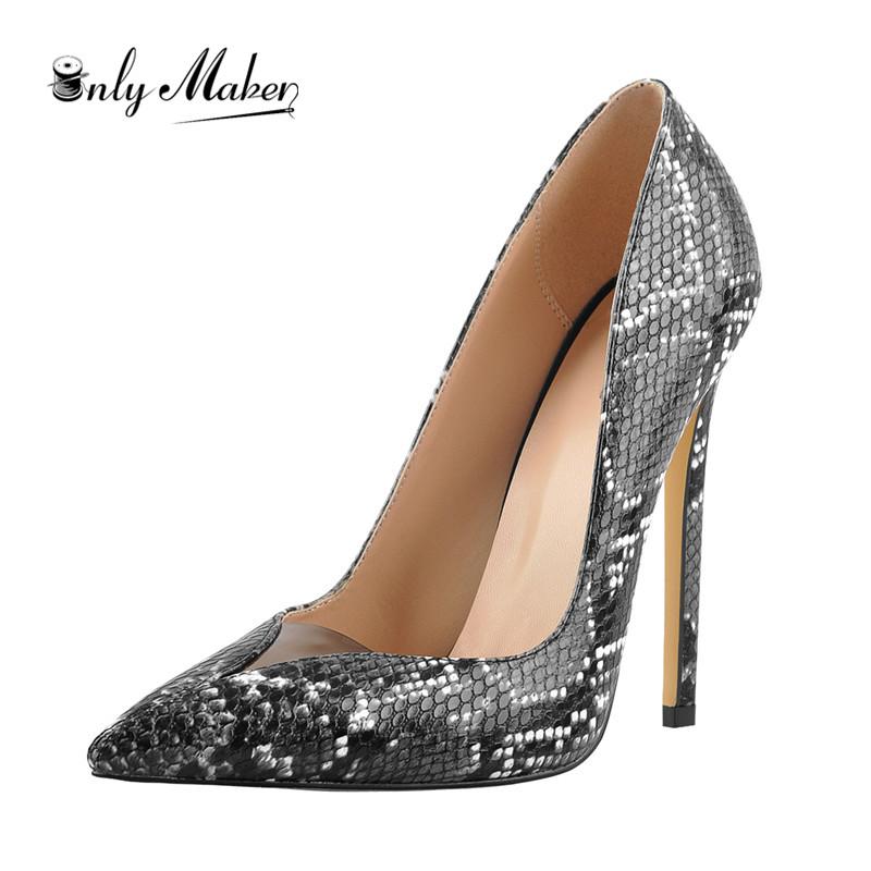 

Dress Shoes Onlymaker Women's Pointed Toe Snake Slip On Black 12cm High Heel Stiletto Pumps Large Size Sexy Basic