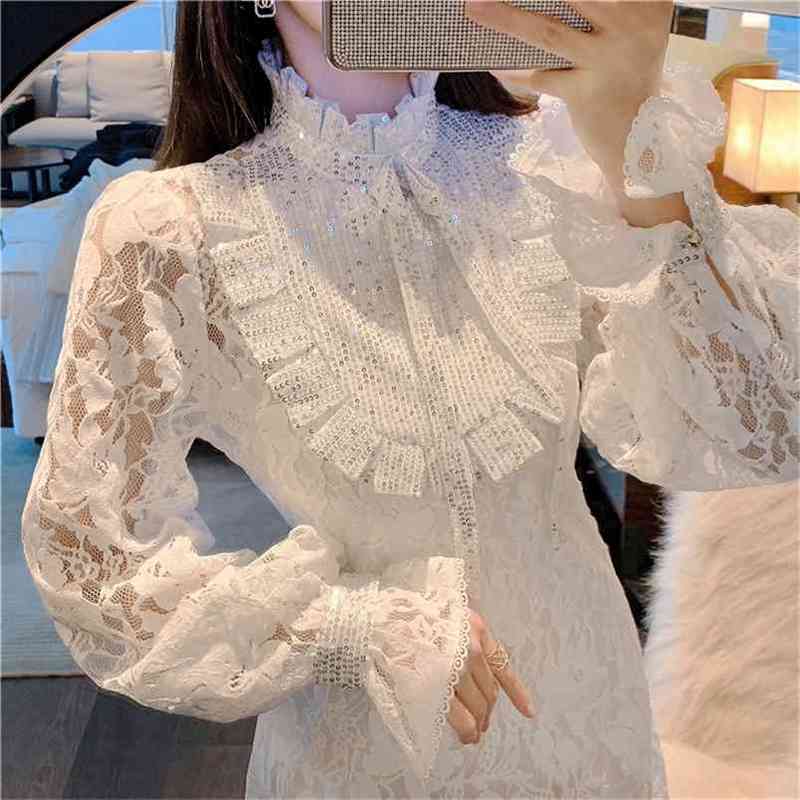 

Floral Embroidery Hollow Out Lace Dress Women Ruffles Stand Collar Lantern Sleeve bow Sequined Short 210603, Black