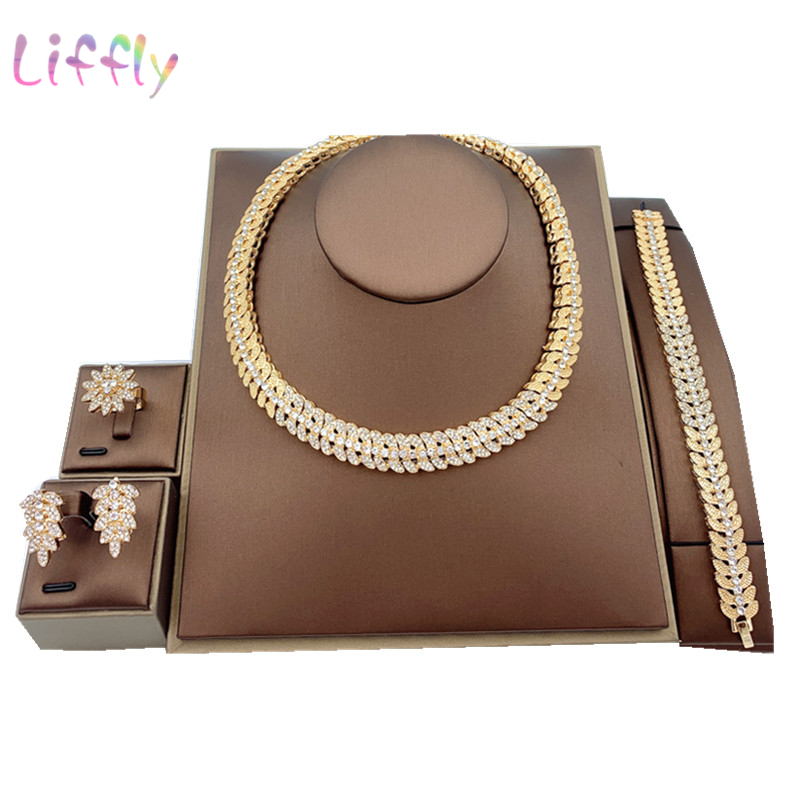 

Liffly Fashion Bridal Necklace Jewelry Sets Bracelet Crystal Earrings Dubai Gold Jewelry for Women Wedding Ring Jewelry Set
