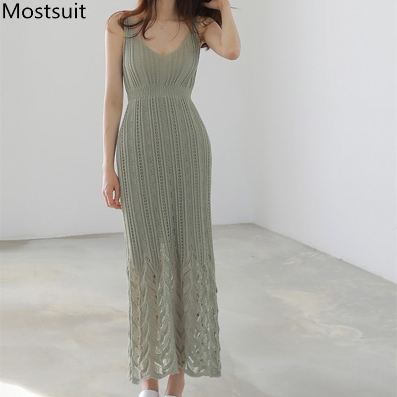 

Summer Korean Knitted Vest Dress Women Sleeveless V-neck Long Maxi Dresses Solid Fashoin Sexy Elegant Ladies Vestidos Femme 210518, Black