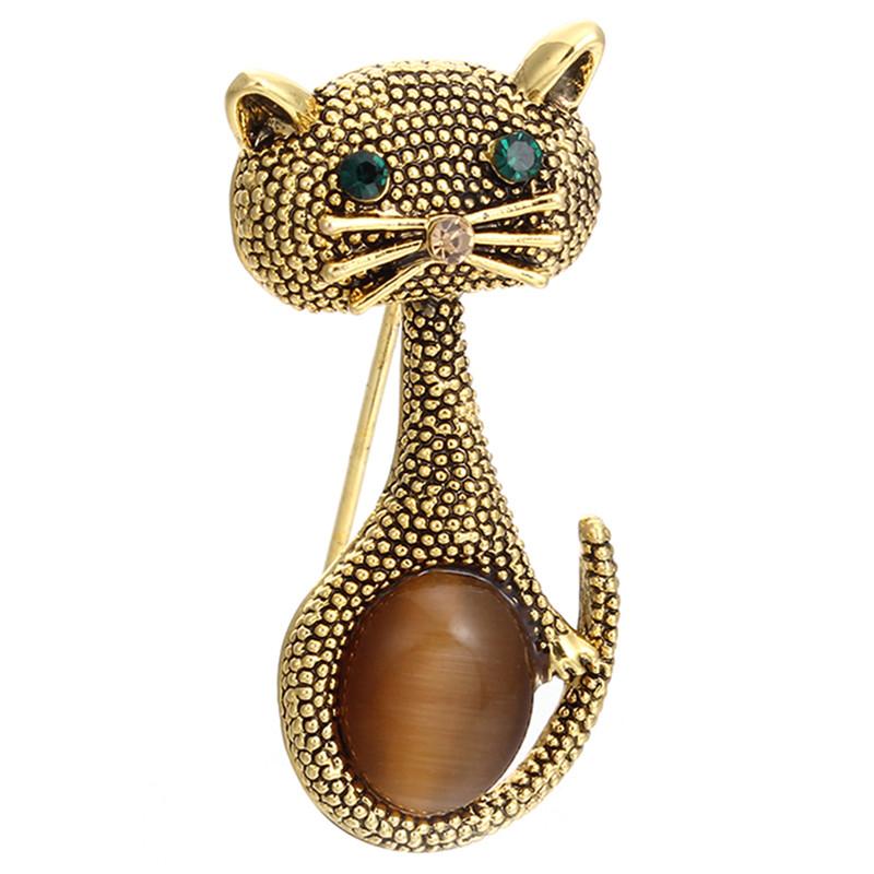 

Pins, Brooches Bijoux Opal Cat Eye Brooch Pins Vintage Gold-Color Cute Animal Broches European Collar Clips Wedding Party For Women, Gray