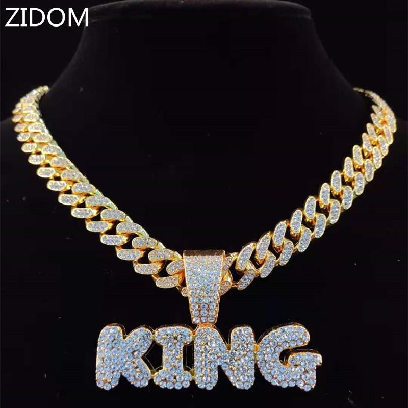 

Men Hip Hop KING Letters Pendant Necklace With 13mm Miami Cuban Chain Iced Out Bling HipHop Necklaces Male Fashion Jewelry