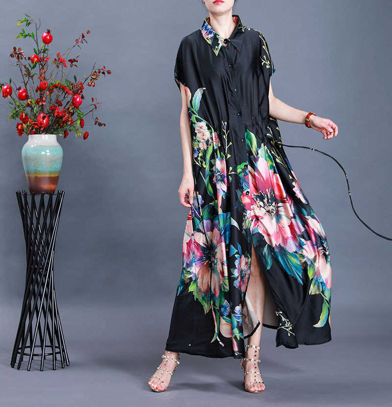 

Summer Plus Size Retro Long Printed Turn Down Collar Windbreaker Women Coats 210615