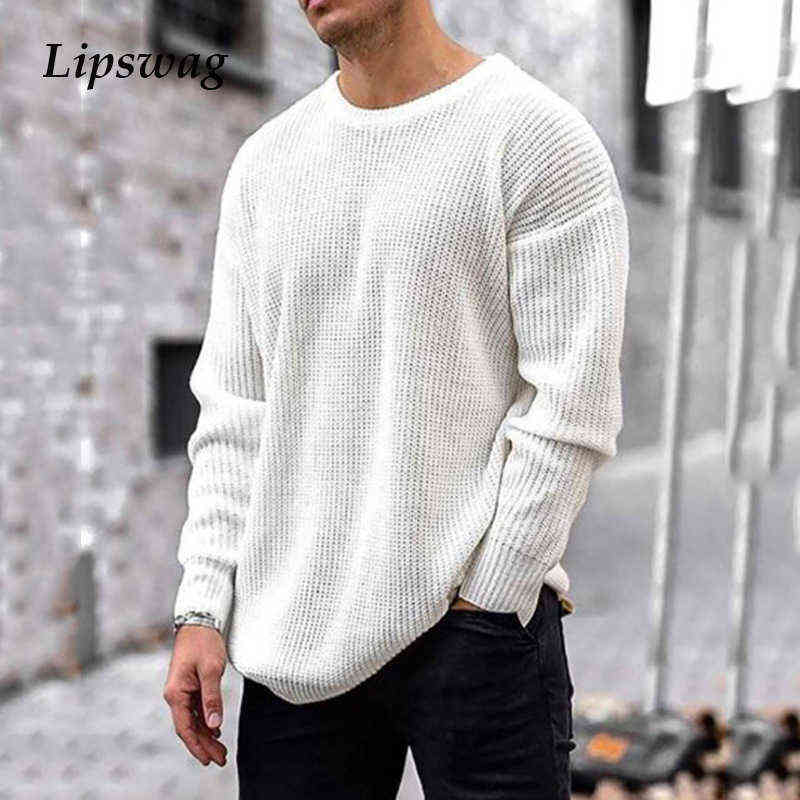 

Mens Casual O-Neck Solid Sweater Autumn Winter Fashion Knitted Pullover Tops For Men Harajuku Long Sleeve Jumper Streetwear 211109, White