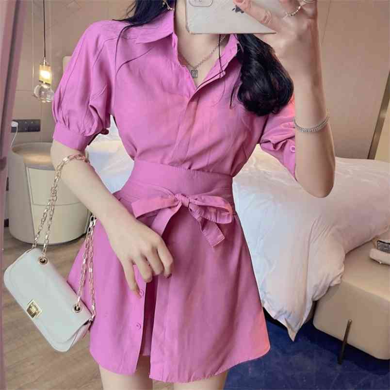 

Korean Fashion Summer Two Piece Set Casual Women Short Sleeve Elegant Belt Long Shirt + Mini Shorts Suit 210519, Photo color