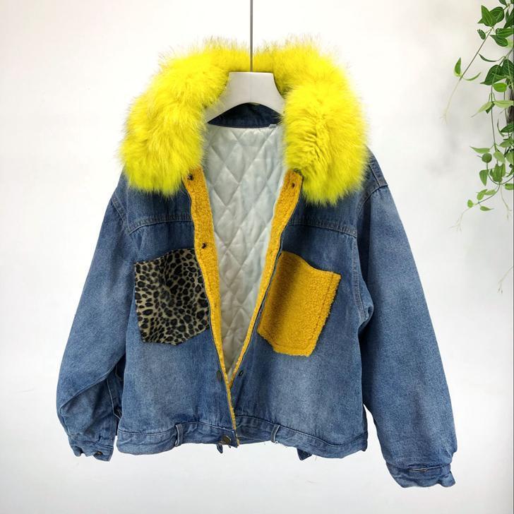 

Women's Jackets 2021 Winter Ladies Denim Jacket Thick Loose Stitching Leopard Pocket Real Fur Collar Quilted Coat, Blue