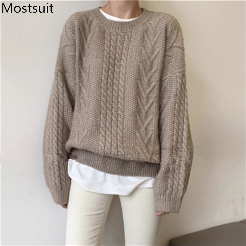 

Twisted Knitted Korean Pullover Sweater Women Winter Long Sleeve O-neck Solid Casual Fashion Ladies Tops Jumpers Femme 210518, Beige