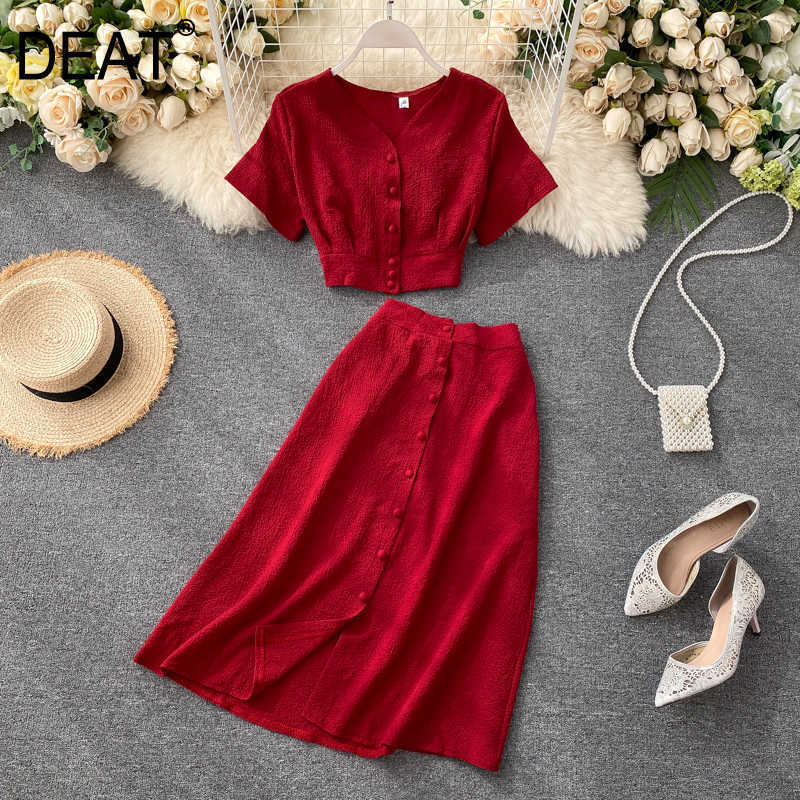 

DEAT Women Split Midi-long Skirt Arrivals Short Sleeve V-neck Two Piece Set Fashion Temperament Spring Summer 11D235 210709, Yellow