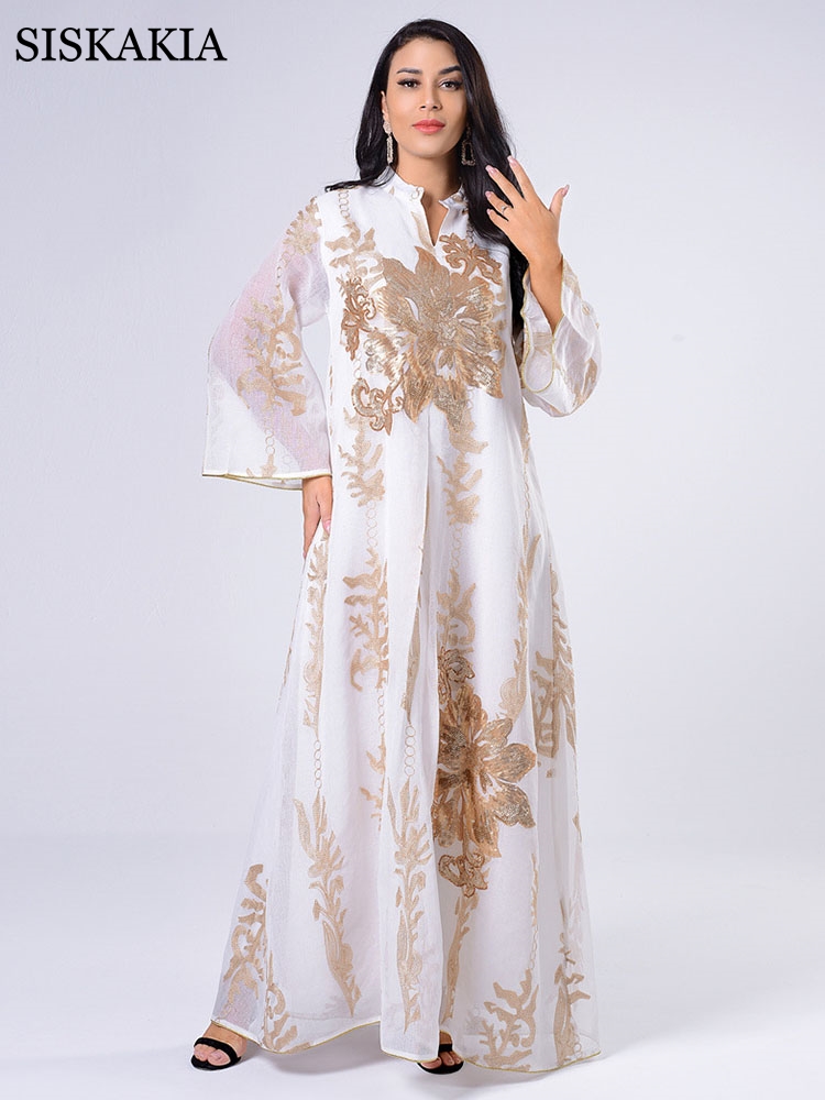 

Siskakia Sequins Embroidered Abaya Dress For Women Moroccan Kaftan Turkey Arabic Jalabiya White Islamic Ethnic Robe 2021 Eid New, White abaya dress