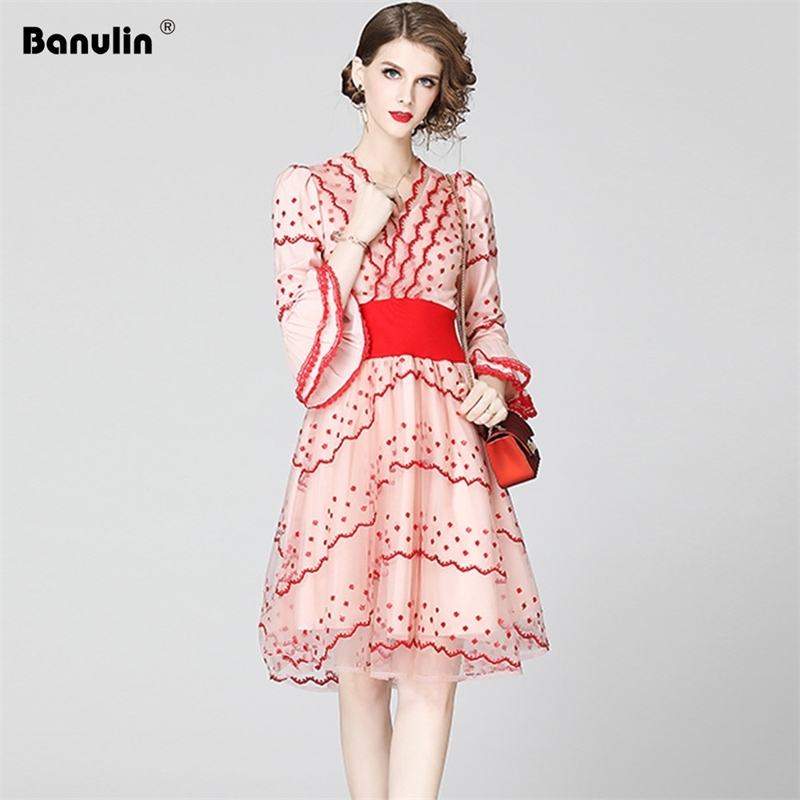 

Banulin Fashion Designer Runway Dress Spring Summer Women Flare Sleeve V-Neck Mesh Floral Embroidered Elegant Party Dresses 210603, Pink